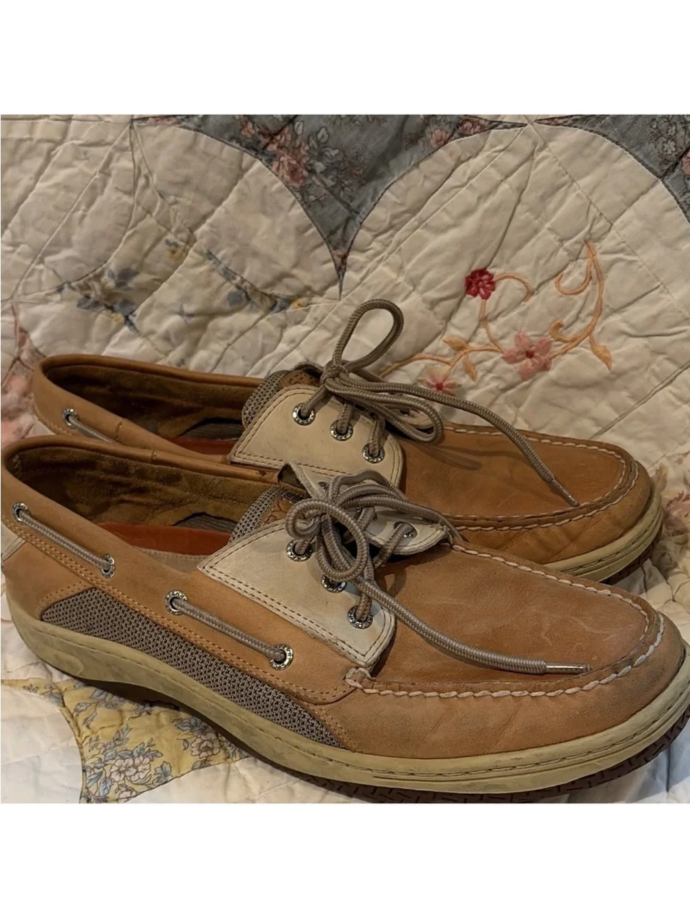 Sperry Top-Sider Men's Leather Mesh Boat Shoes Lace-Up Brown Beige 12 M